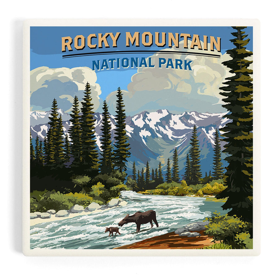 Rocky Mountain National Park, Moose and River Rapids, Coasters Coasters Lantern Press 