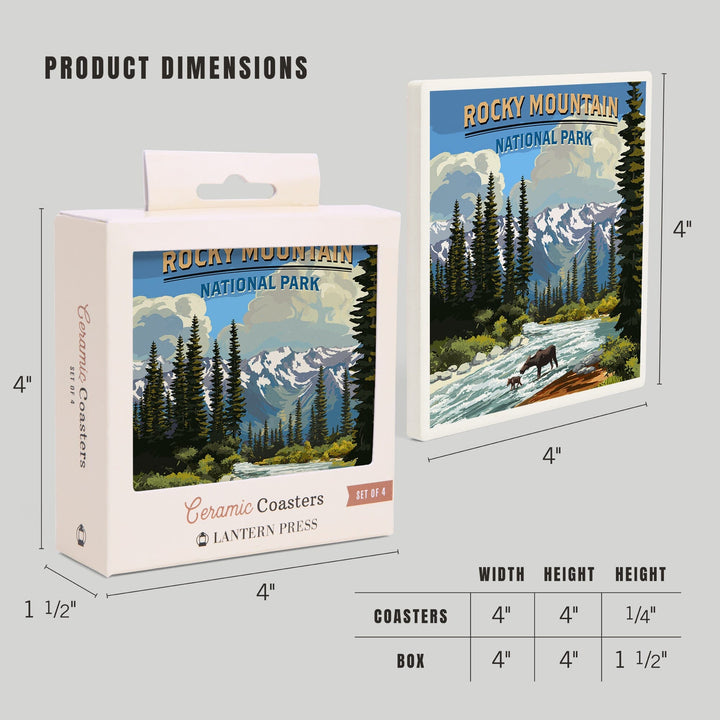 Rocky Mountain National Park, Moose and River Rapids, Coasters Coasters Lantern Press 