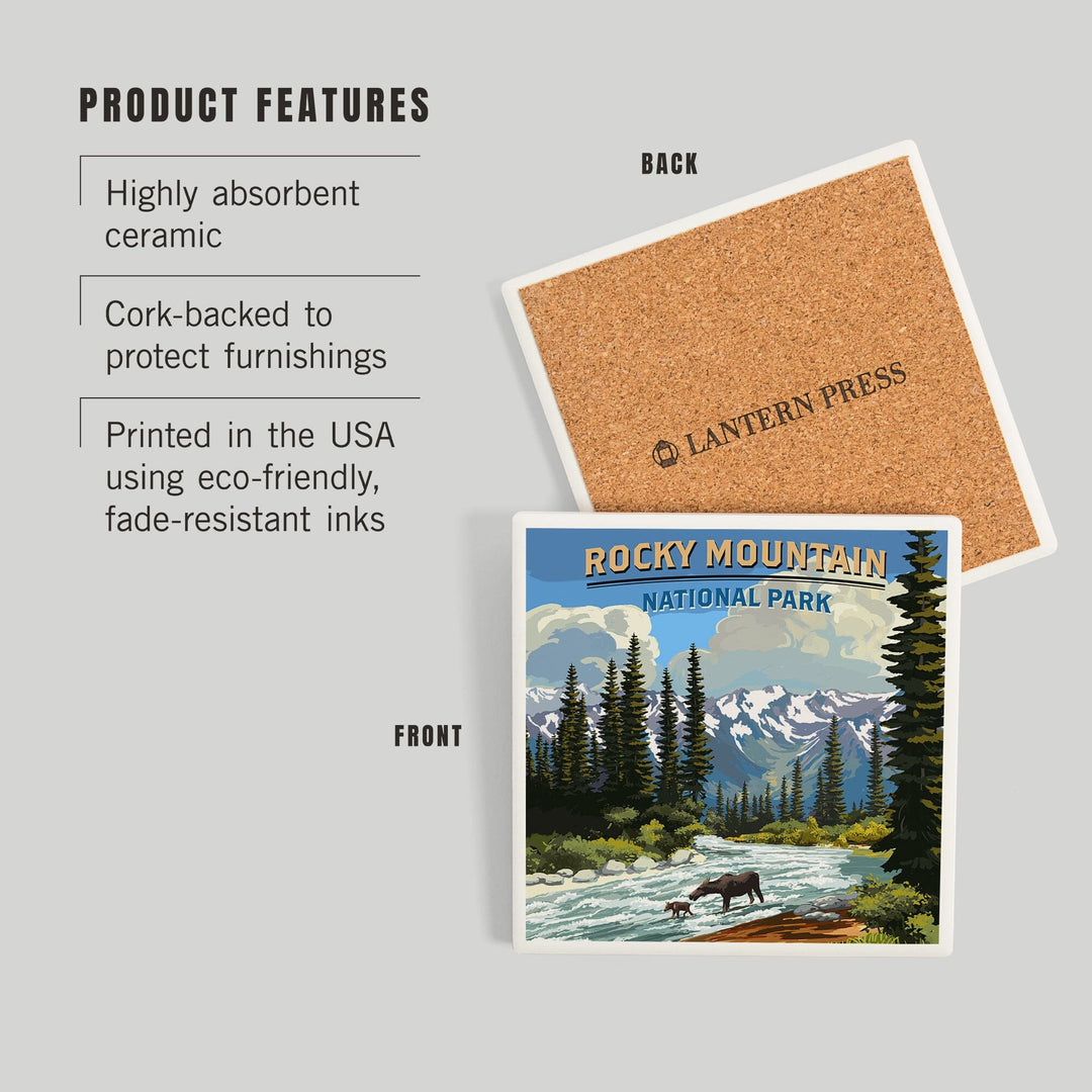 Rocky Mountain National Park, Moose and River Rapids, Coasters Coasters Lantern Press 