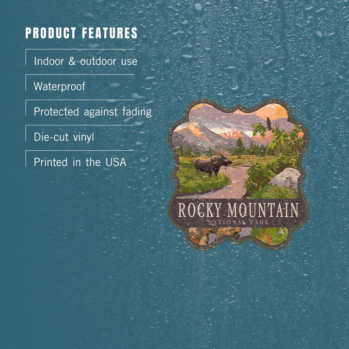 Rocky Mountain National Park, Moose & Meadow, Contour, Lantern Press Artwork, Vinyl Sticker Sticker Lantern Press 