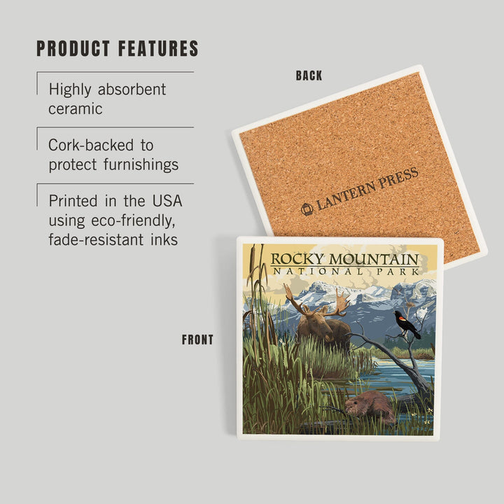 Rocky Mountain National Park, Mountain and Marsh Scene, Coasters Coasters Lantern Press 