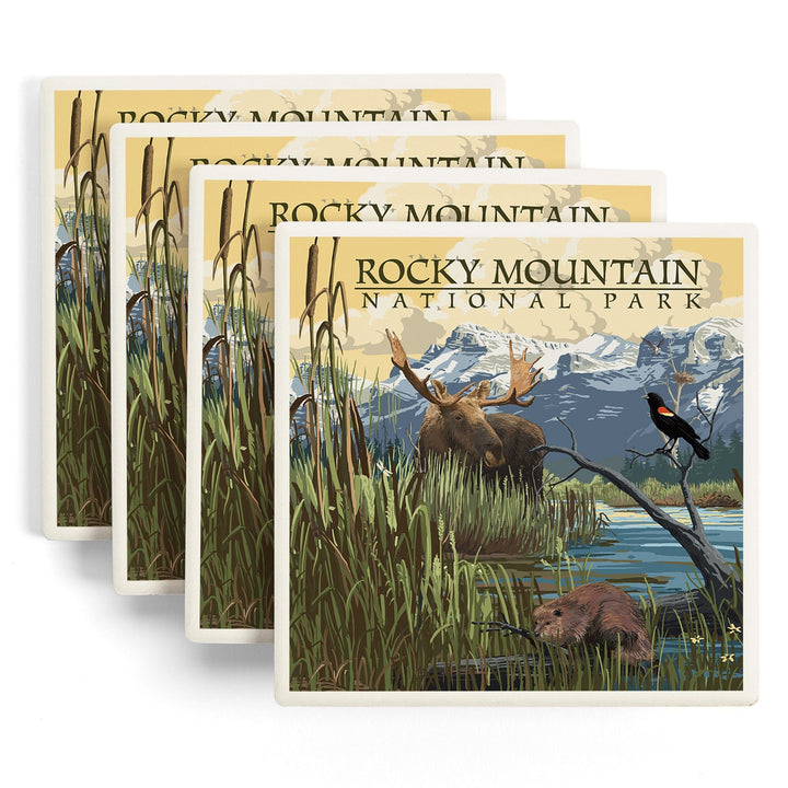 Rocky Mountain National Park, Mountain and Marsh Scene, Coasters Coasters Lantern Press 
