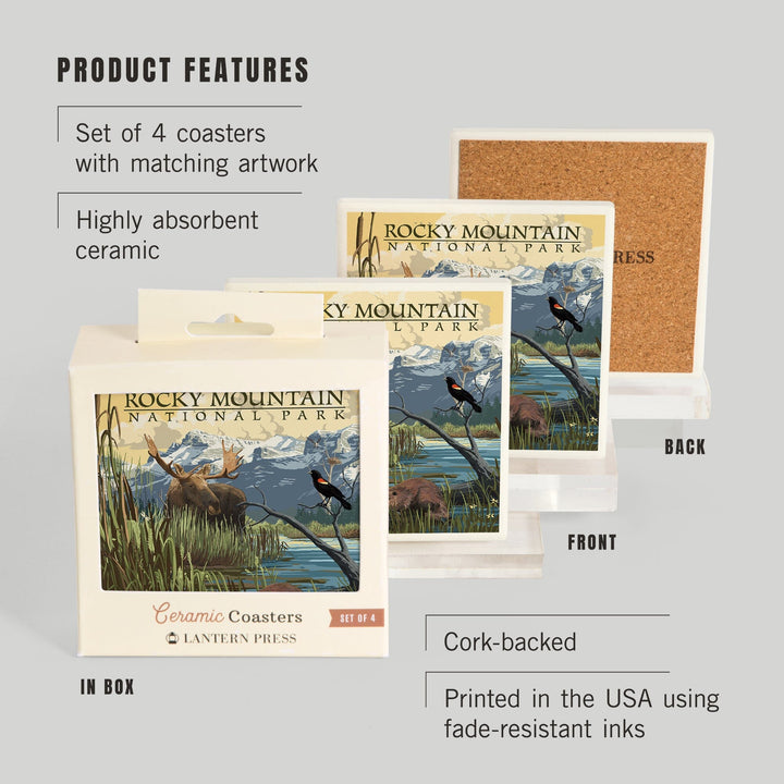 Rocky Mountain National Park, Mountain and Marsh Scene, Coasters Coasters Lantern Press 