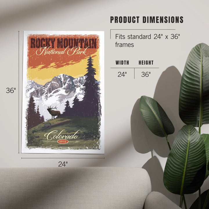 Rocky Mountain National Park, Mountain View and Elk, Distressed, Art & Giclee Prints Art Lantern Press 