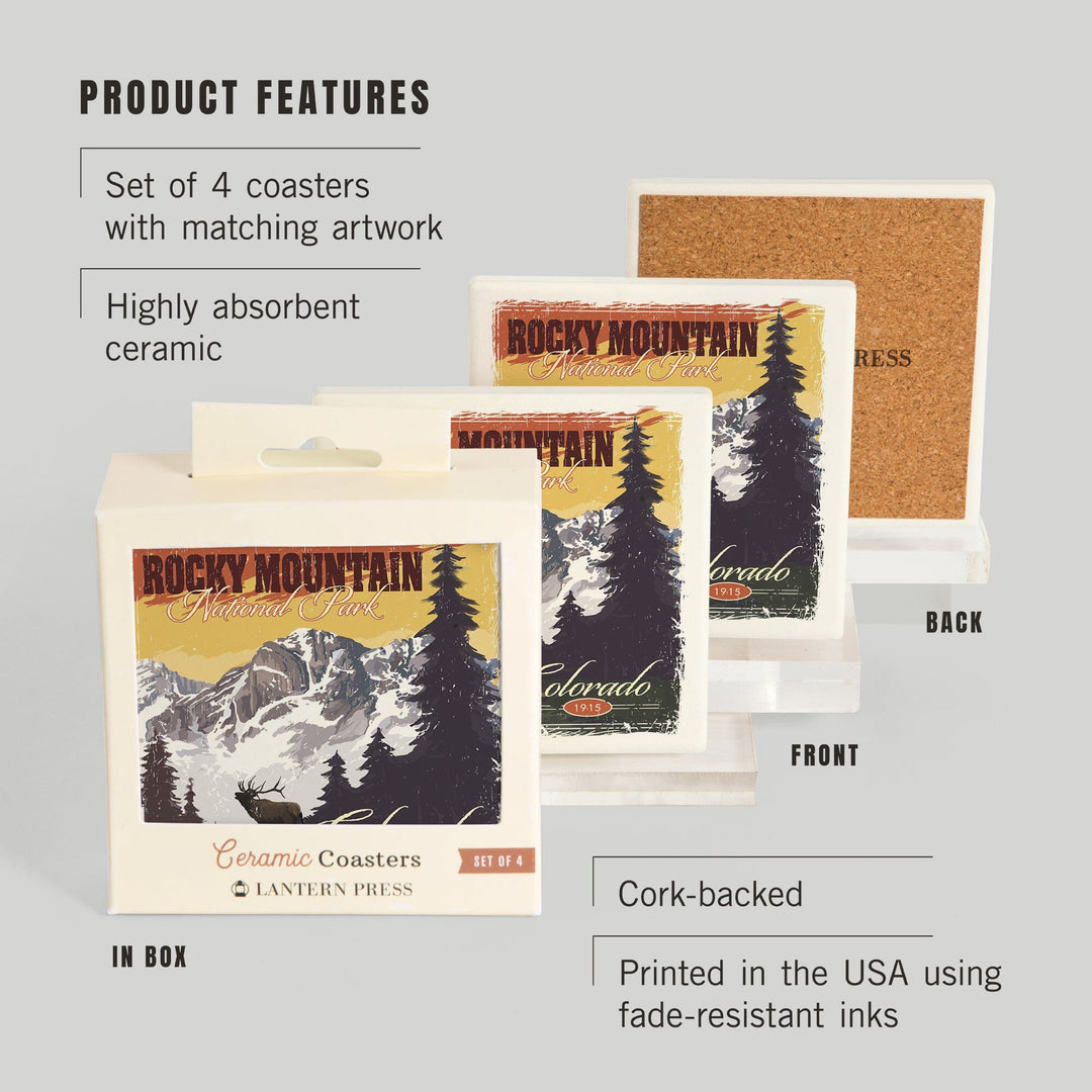 Rocky Mountain National Park, Mountain View and Elk, Distressed, Coasters Coasters Lantern Press 