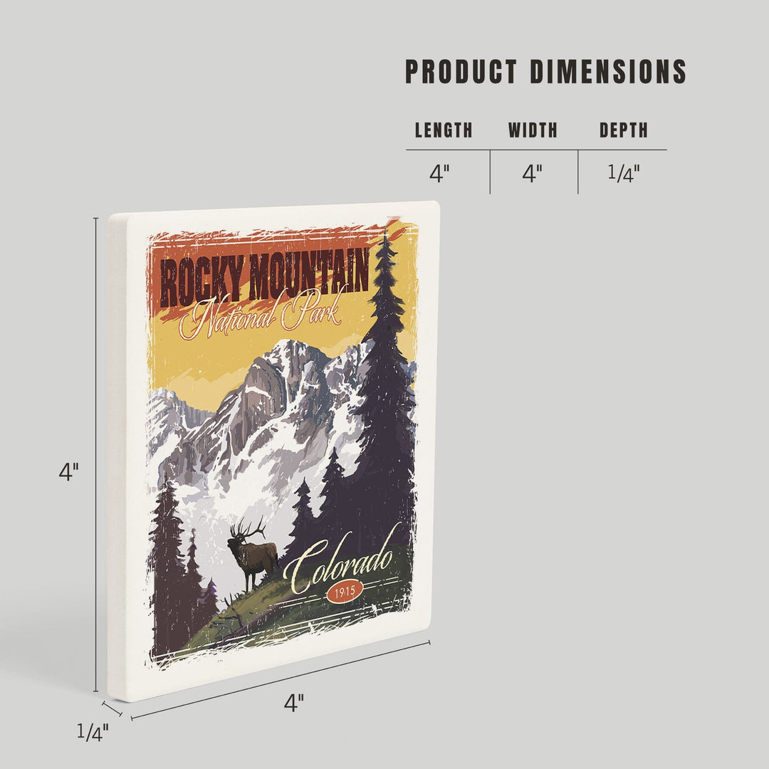 Rocky Mountain National Park, Mountain View and Elk, Distressed, Coasters Coasters Lantern Press 