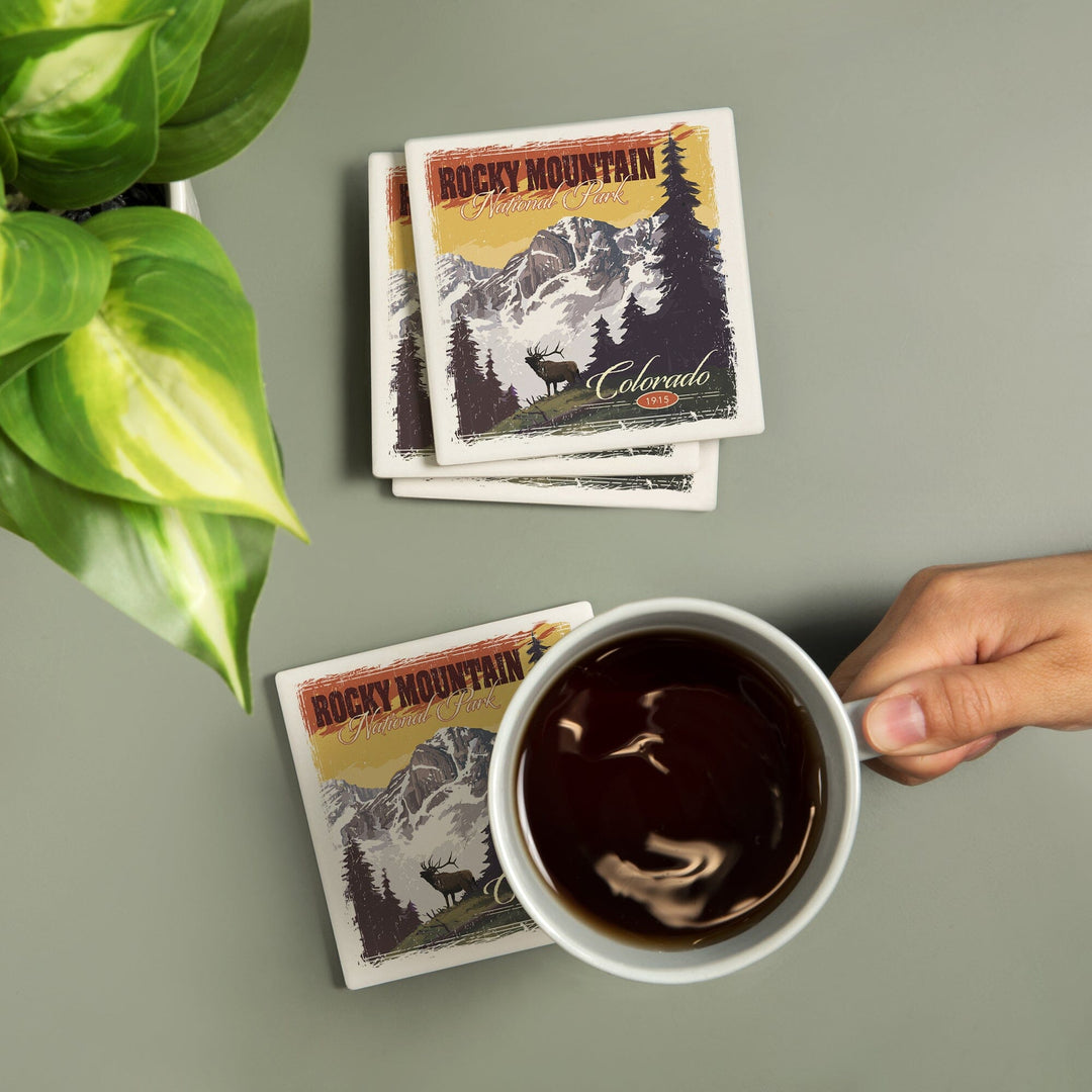 Rocky Mountain National Park, Mountain View and Elk, Distressed, Coasters Coasters Lantern Press 