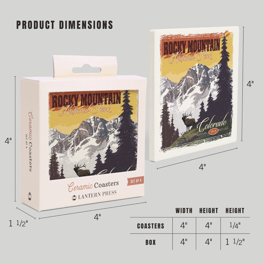 Rocky Mountain National Park, Mountain View and Elk, Distressed, Coasters Coasters Lantern Press 