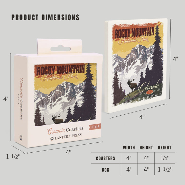 Rocky Mountain National Park, Mountain View and Elk, Distressed, Coasters Coasters Lantern Press 