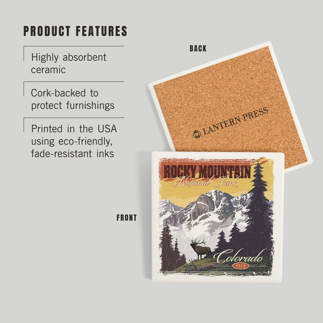 Rocky Mountain National Park, Mountain View and Elk, Distressed, Coasters Coasters Lantern Press 