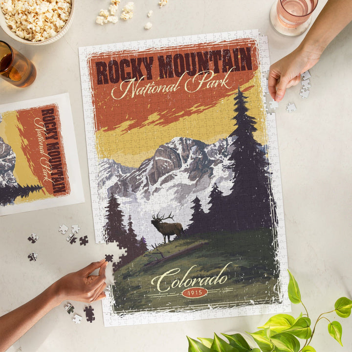 Rocky Mountain National Park, Mountain View and Elk, Distressed, Jigsaw Puzzle Puzzle Lantern Press 
