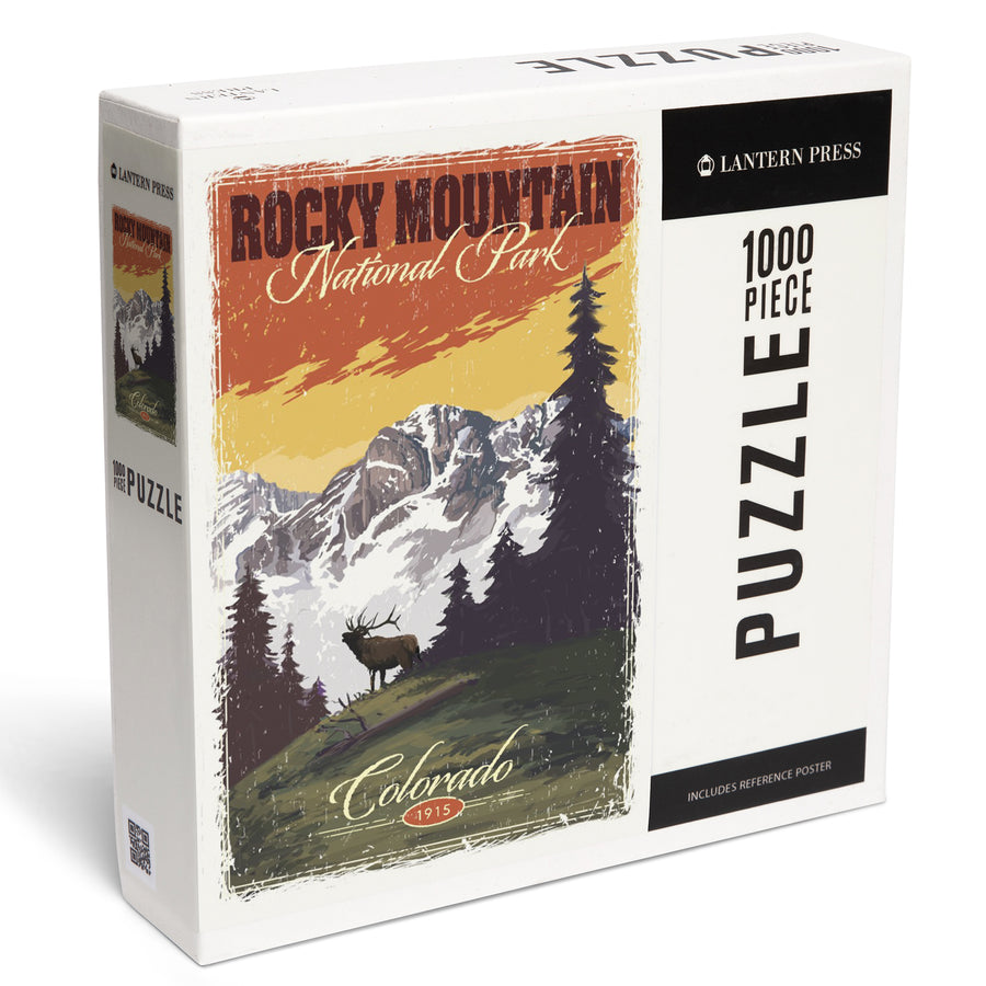 Rocky Mountain National Park, Mountain View and Elk, Distressed, Jigsaw Puzzle Puzzle Lantern Press 