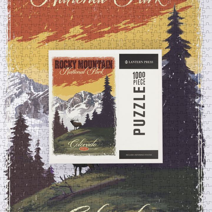 Rocky Mountain National Park, Mountain View and Elk, Distressed, Jigsaw Puzzle Puzzle Lantern Press 