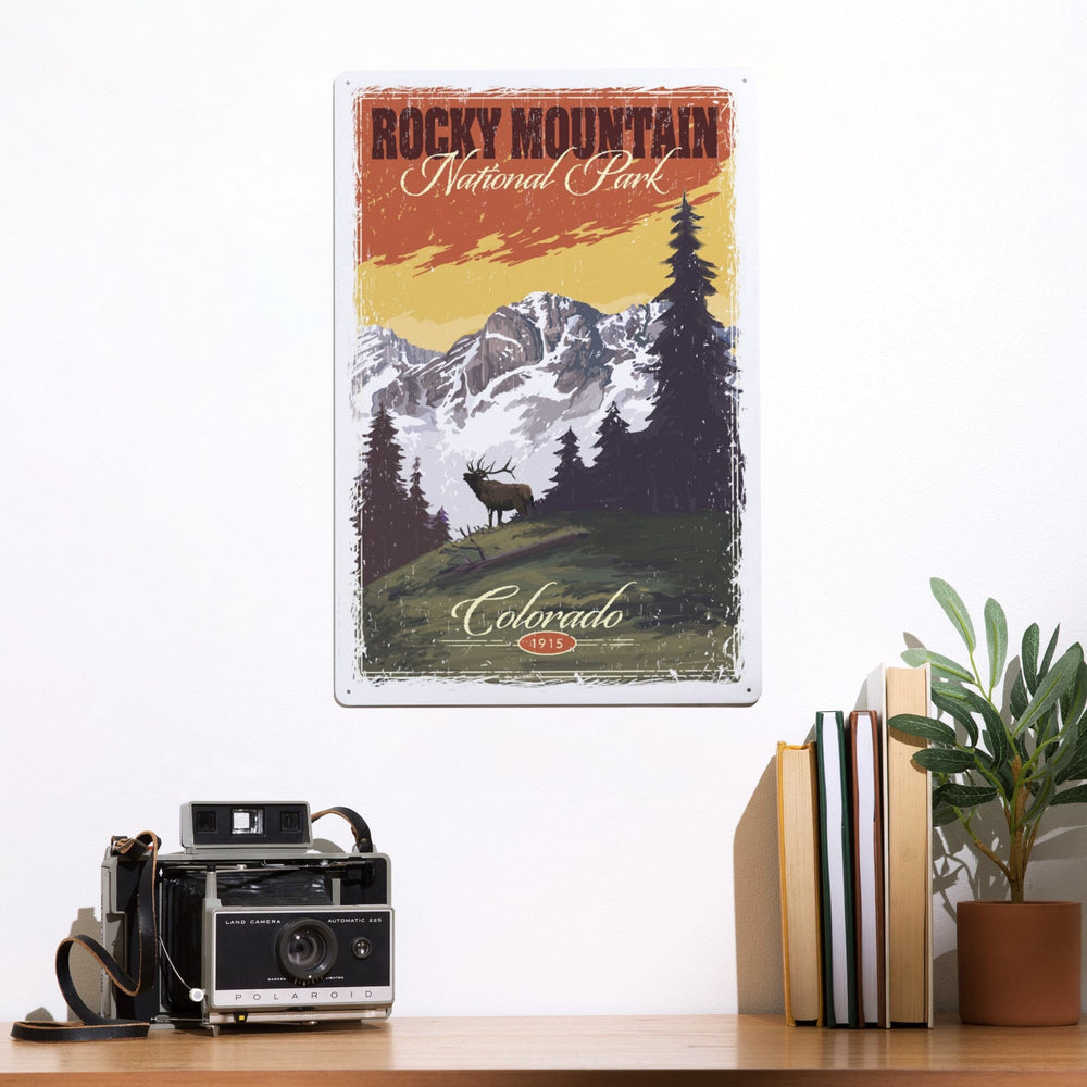 Rocky Mountain National Park, Mountain View and Elk, Distressed, Metal Signs Metal Lantern Press 