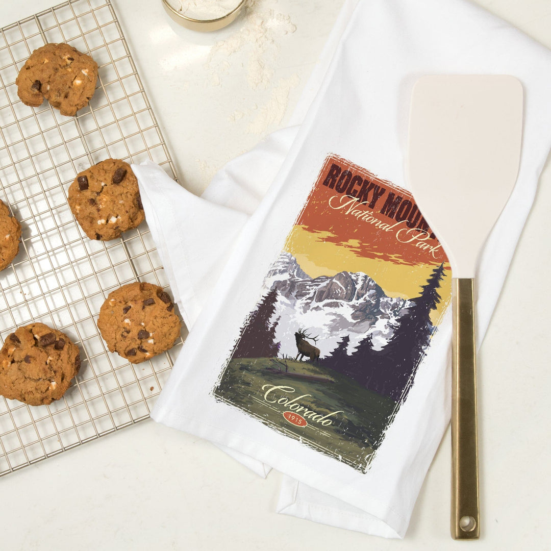 Rocky Mountain National Park, Mountain View and Elk, Distressed, Organic Cotton Kitchen Tea Towels Kitchen Lantern Press 