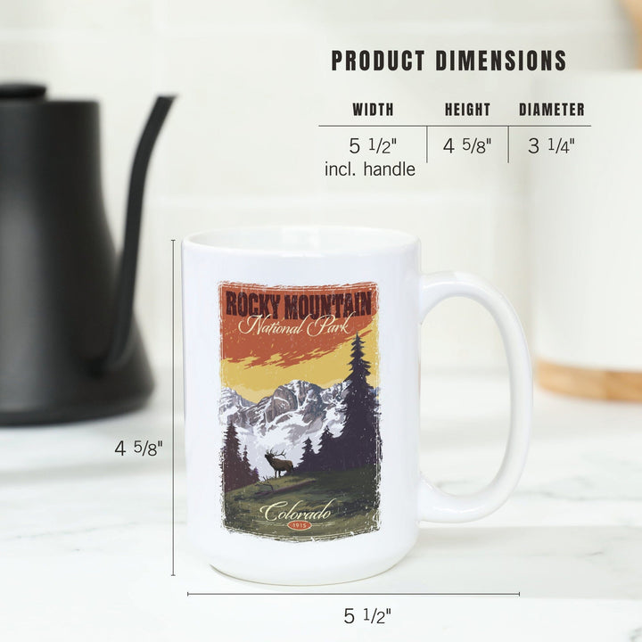 Rocky Mountain National Park, Mountain View & Elk, Distressed, Lantern Press Artwork, Ceramic Mug Mugs Lantern Press 