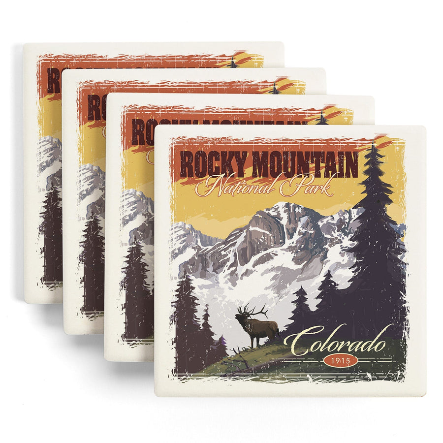 Rocky Mountain National Park, Mountain View & Elk, Distressed, Lantern Press Artwork, Coaster Set Coasters Lantern Press 