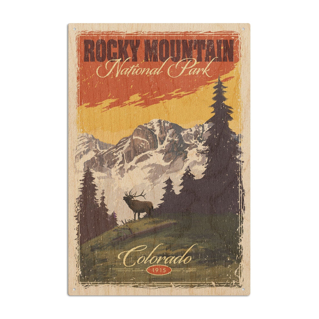 Rocky Mountain National Park, Mountain View & Elk, Distressed, Lantern Press Artwork, Wood Signs and Postcards Wood Lantern Press 10 x 15 Wood Sign 