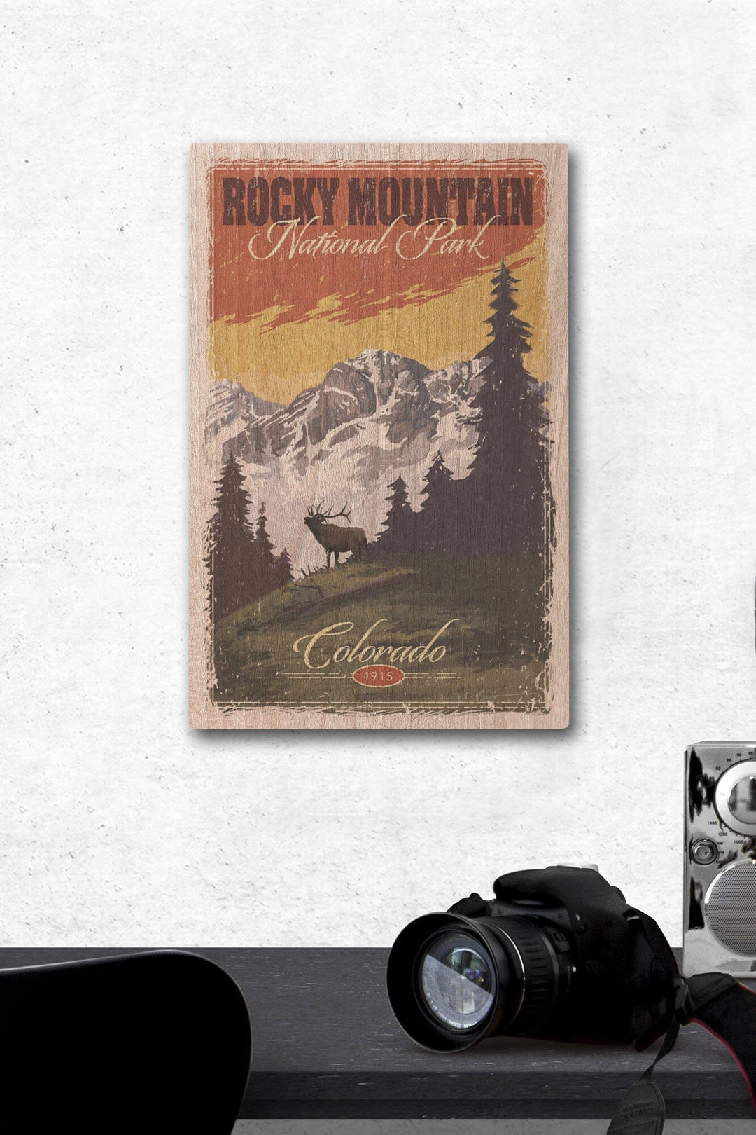 Rocky Mountain National Park, Mountain View & Elk, Distressed, Lantern Press Artwork, Wood Signs and Postcards Wood Lantern Press 12 x 18 Wood Gallery Print 