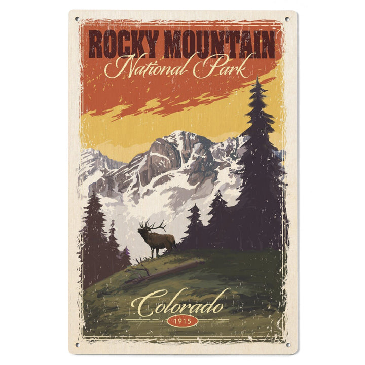 Rocky Mountain National Park, Mountain View & Elk, Distressed, Lantern Press Artwork, Wood Signs and Postcards Wood Lantern Press 
