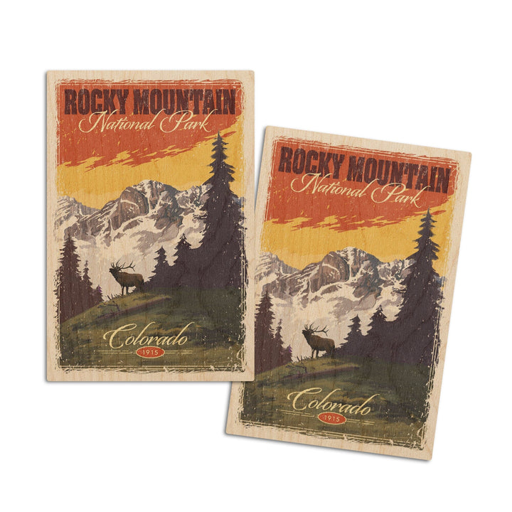 Rocky Mountain National Park, Mountain View & Elk, Distressed, Lantern Press Artwork, Wood Signs and Postcards Wood Lantern Press 4x6 Wood Postcard Set 