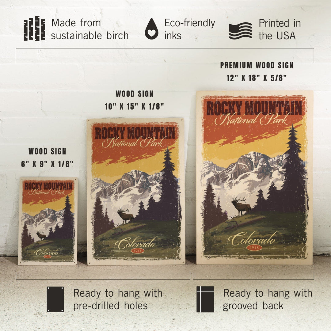 Rocky Mountain National Park, Mountain View & Elk, Distressed, Lantern Press Artwork, Wood Signs and Postcards Wood Lantern Press 