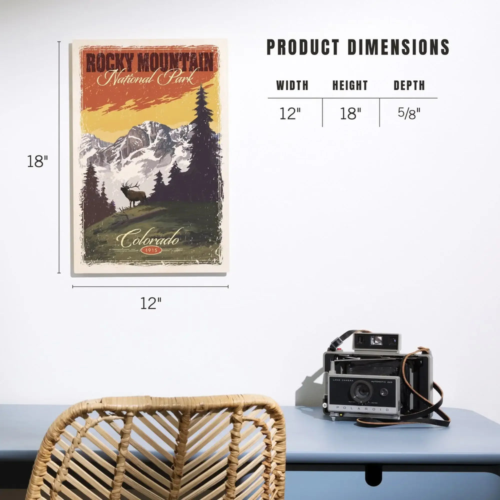 Rocky Mountain National Park, Mountain View & Elk, Distressed, Lantern Press Artwork, Wood Signs and Postcards Wood Lantern Press 