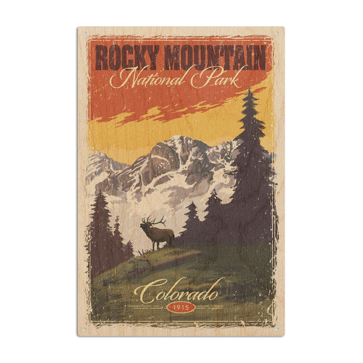 Rocky Mountain National Park, Mountain View & Elk, Distressed, Lantern Press Artwork, Wood Signs and Postcards Wood Lantern Press 6x9 Wood Sign 