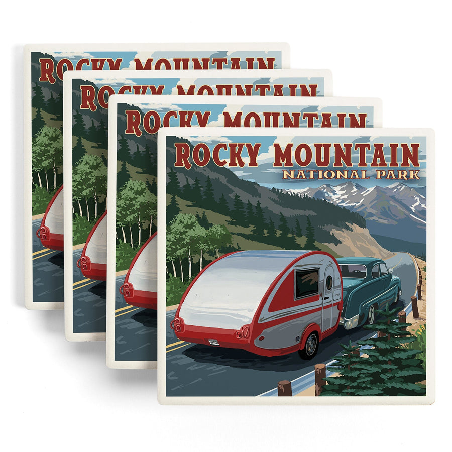 Rocky Mountain National Park, Retro Camper, Lantern Press Artwork, Coaster Set Coasters Lantern Press 