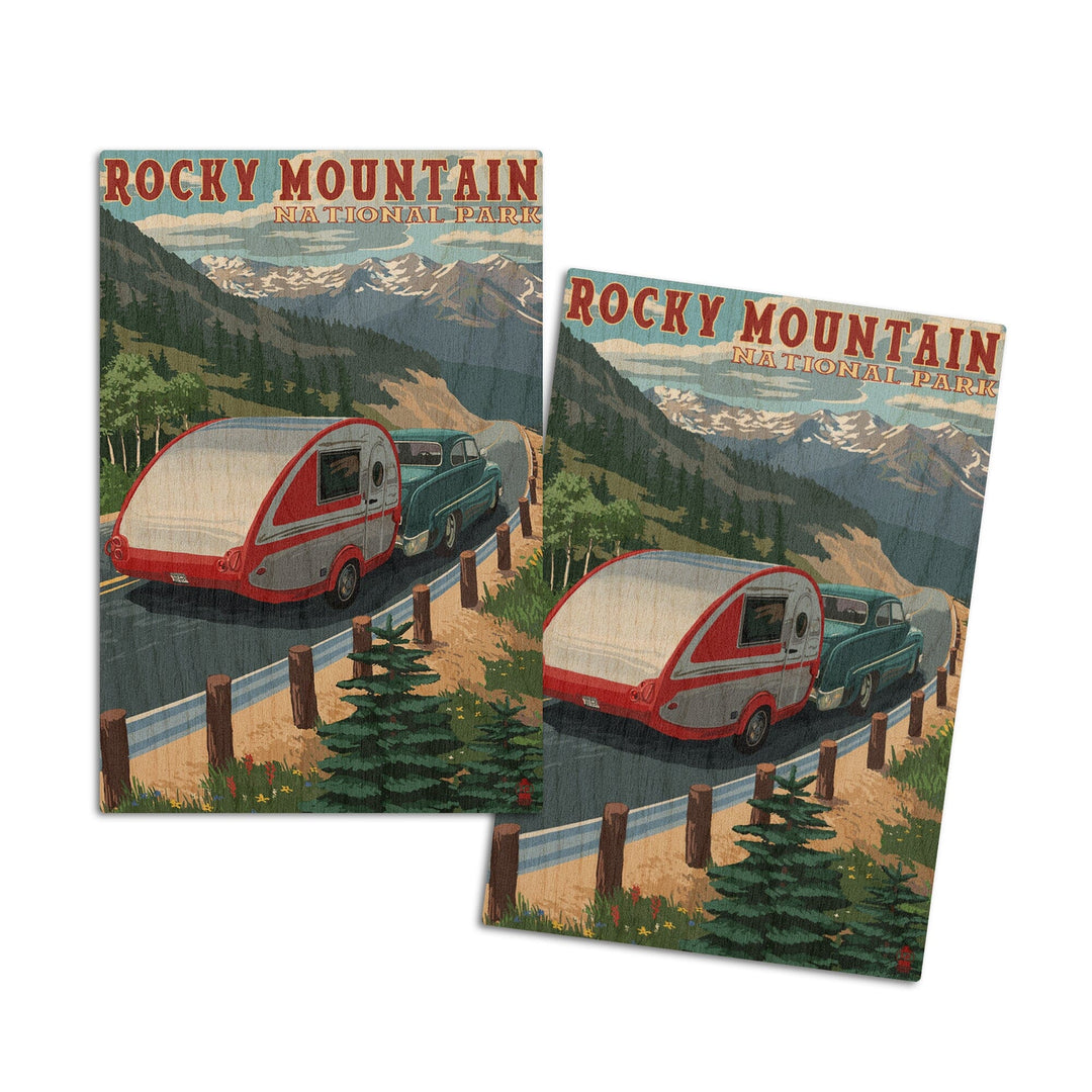 Rocky Mountain National Park, Retro Camper, Lantern Press Artwork, Wood Signs and Postcards Wood Lantern Press 4x6 Wood Postcard Set 