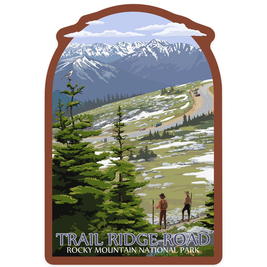 Rocky Mountain National Park, Trail Ridge Road and Hikers, Contour, Vinyl Sticker Sticker Lantern Press 