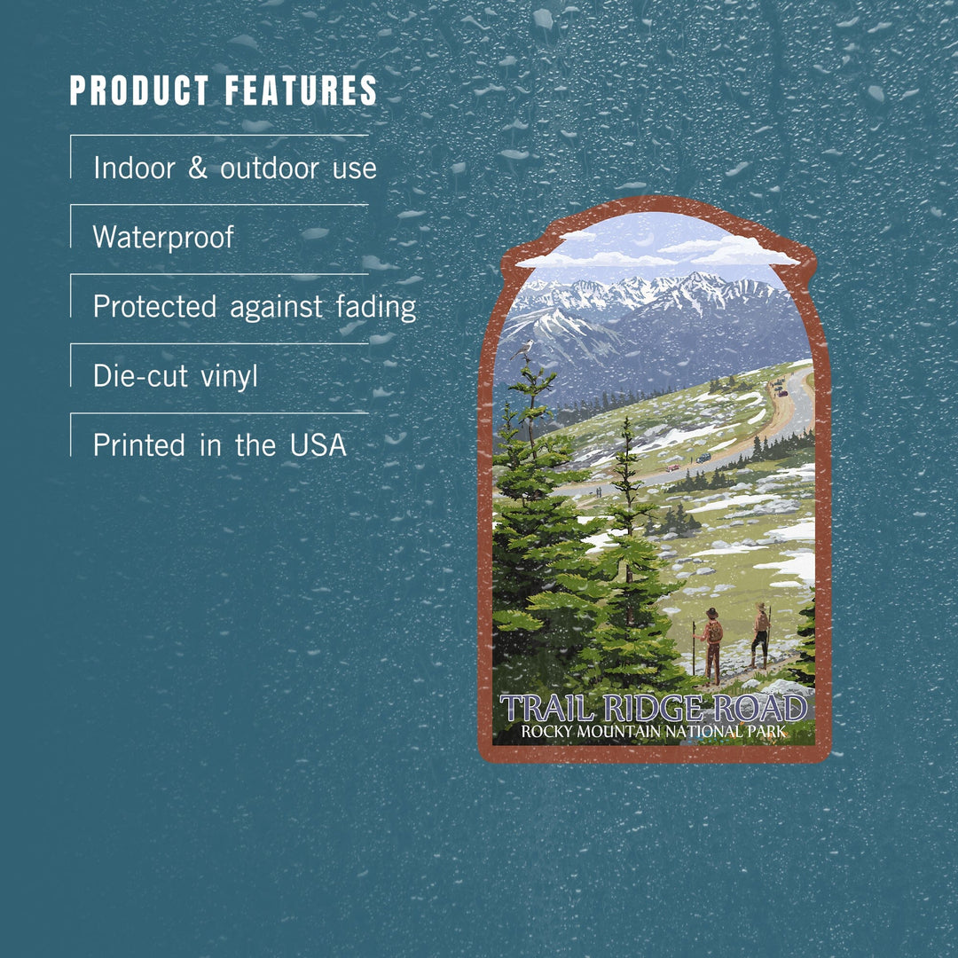 Rocky Mountain National Park, Trail Ridge Road and Hikers, Contour, Vinyl Sticker Sticker Lantern Press 