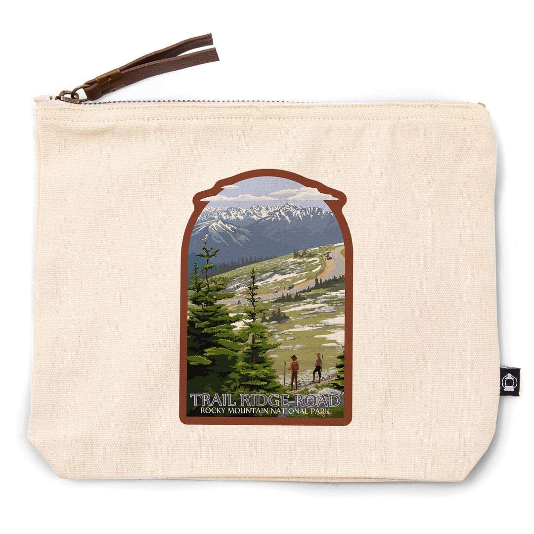 Rocky Mountain National Park, Trail Ridge Road and Hikers,, Organic Cotton Zipper Pouch, Go Bag Go Bag Lantern Press 