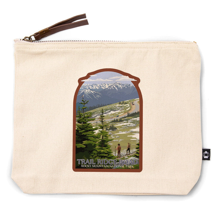 Rocky Mountain National Park, Trail Ridge Road and Hikers,, Organic Cotton Zipper Pouch, Go Bag Go Bag Lantern Press 