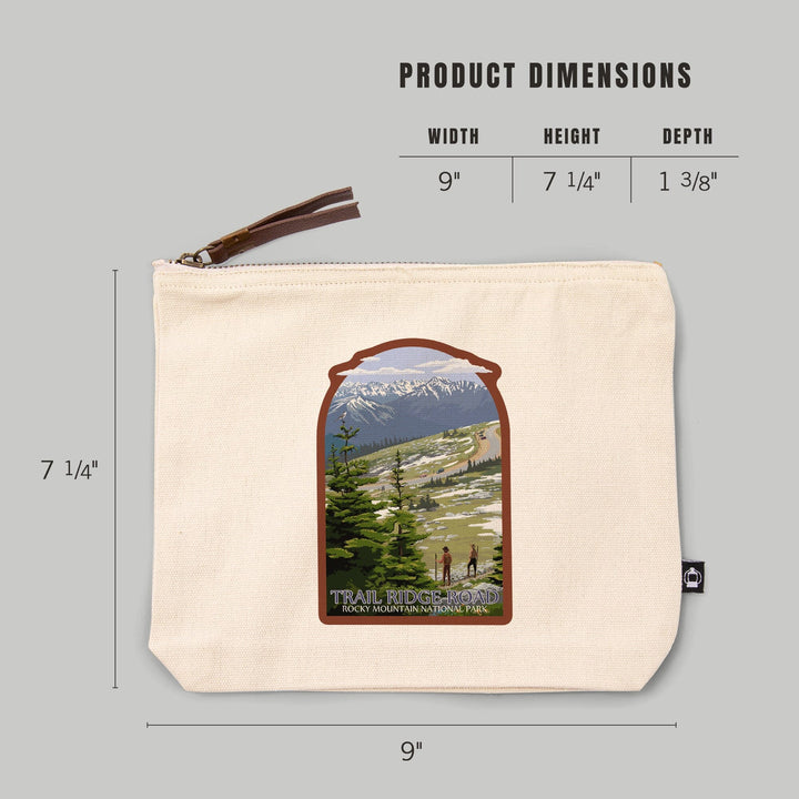 Rocky Mountain National Park, Trail Ridge Road and Hikers,, Organic Cotton Zipper Pouch, Go Bag Go Bag Lantern Press 