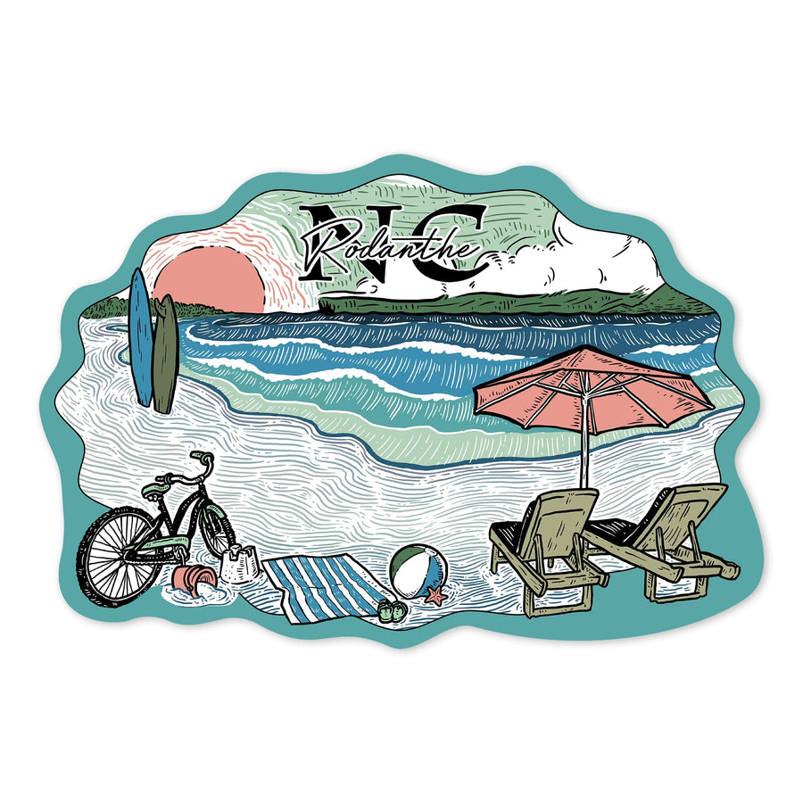 Rodanthe, North Carolina, Beach Scene, Sketch, Contour, Vinyl Sticker Sticker Lantern Press 