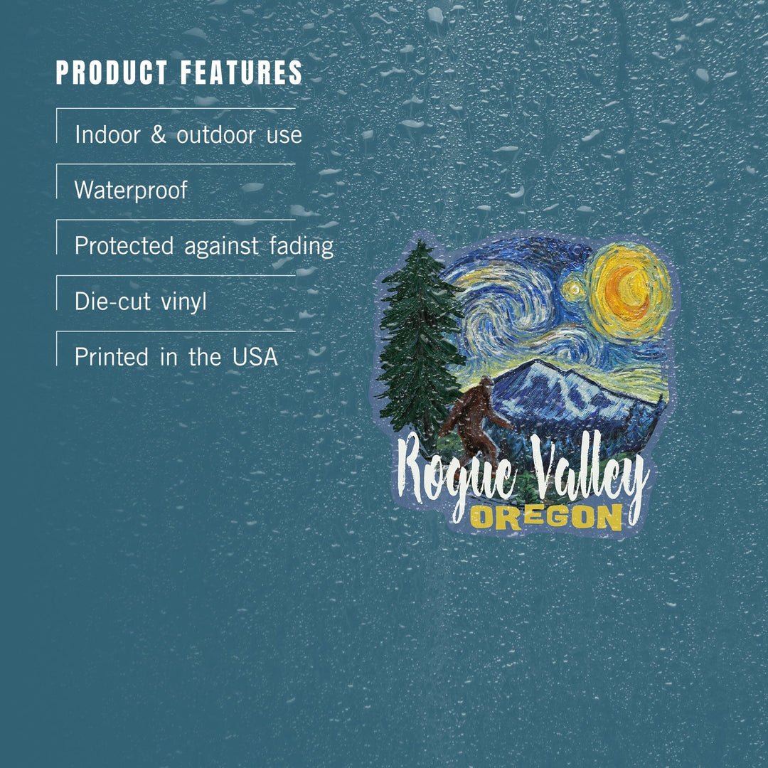 Rogue Valley, Oregon, Bigfoot, Starry Night, Contour, Vinyl Sticker Sticker Lantern Press 