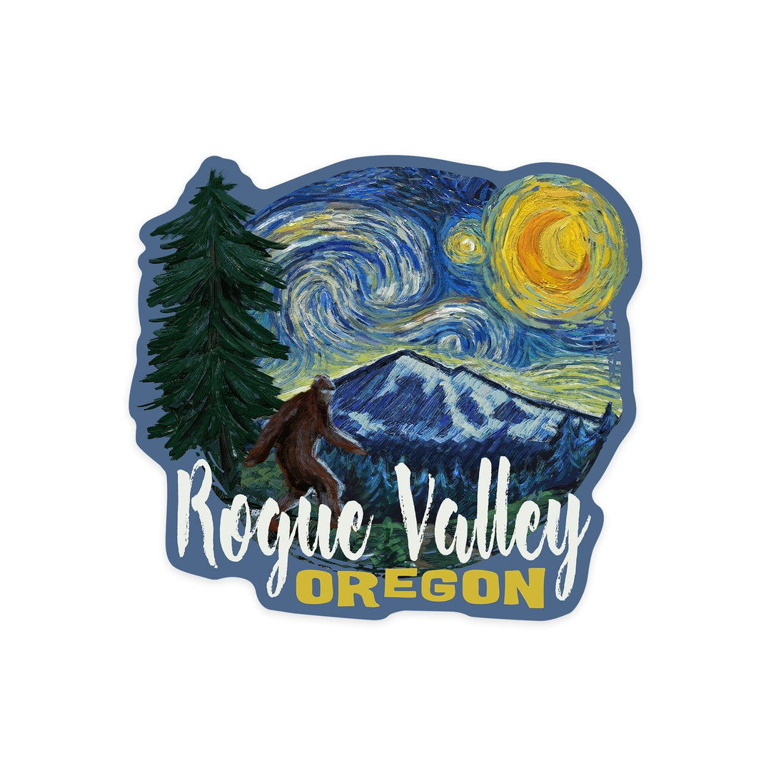 Rogue Valley, Oregon, Bigfoot, Starry Night, Contour, Vinyl Sticker Sticker Lantern Press 