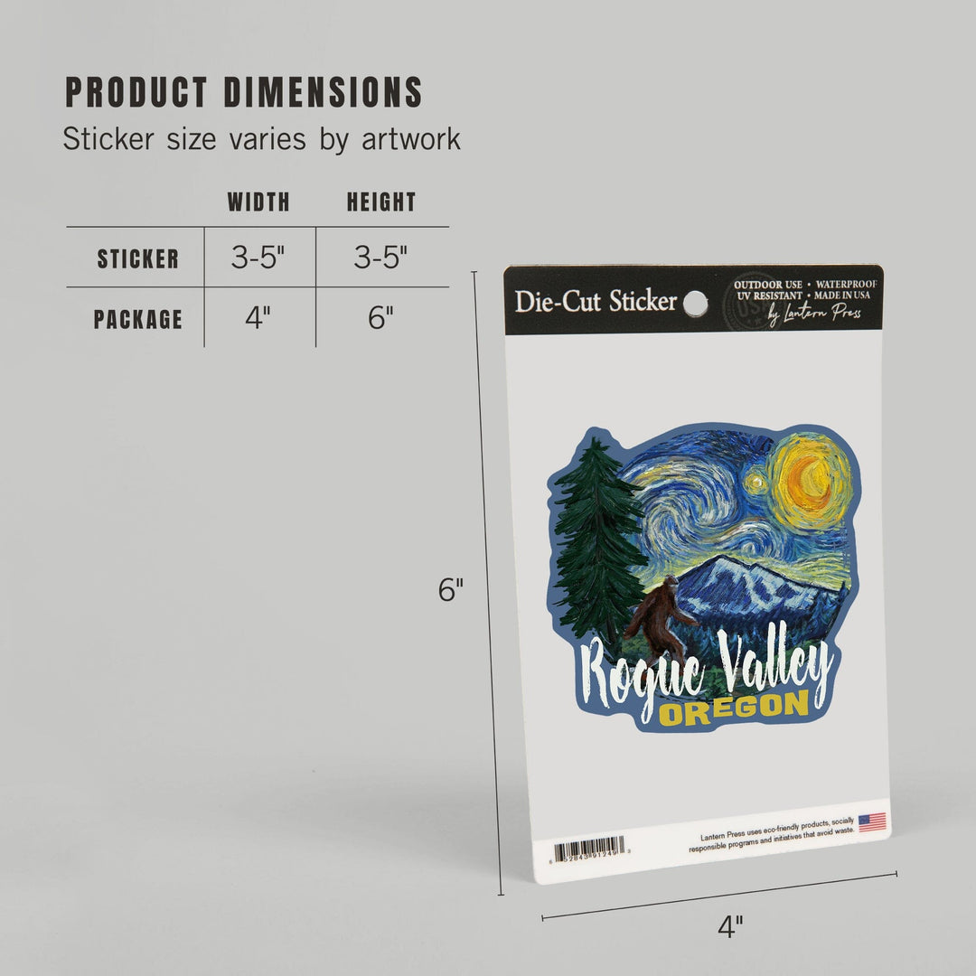 Rogue Valley, Oregon, Bigfoot, Starry Night, Contour, Vinyl Sticker Sticker Lantern Press 