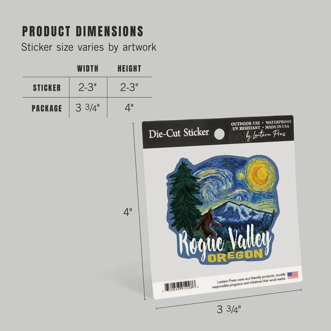 Rogue Valley, Oregon, Bigfoot, Starry Night, Contour, Vinyl Sticker Sticker Lantern Press 