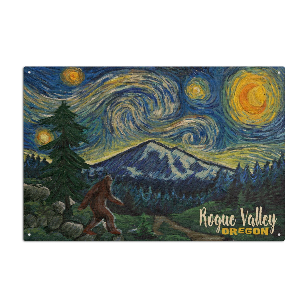 Rogue Valley, Oregon, Bigfoot, Starry Night, Lantern Press Artwork, Wood Signs and Postcards Wood Lantern Press 6x9 Wood Sign 