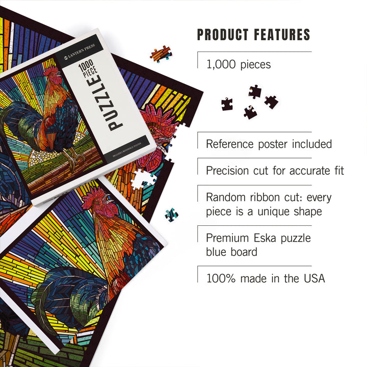 Rooster, Paper Mosaic, Jigsaw Puzzle Puzzle Lantern Press 