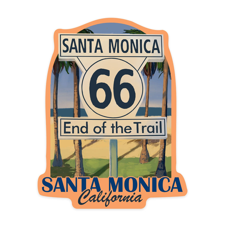 Route 66, End of Trail Sign, Palm Trees, Contour, Vinyl Sticker Sticker Lantern Press 