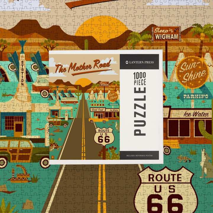 Route 66, Mother Road, Geometric, Jigsaw Puzzle Puzzle Lantern Press 