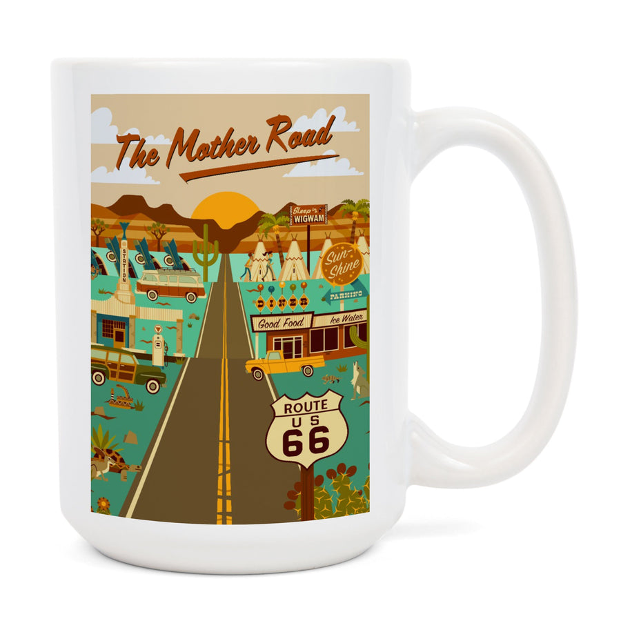 Route 66, Mother Road, Geometric, Lantern Press Artwork, Ceramic Mug Mugs Lantern Press 