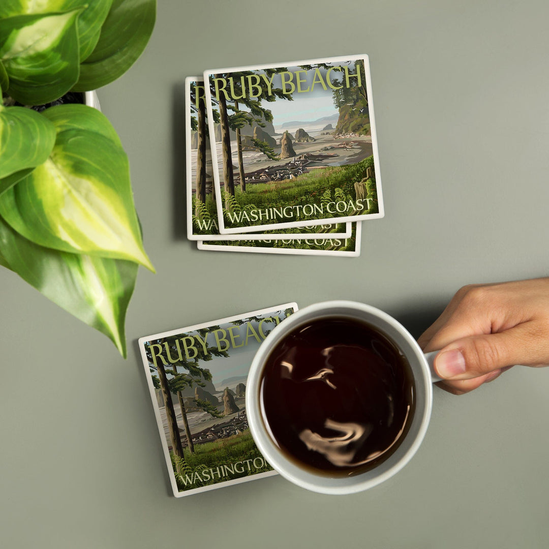 Ruby Beach, Washington Coast, Lantern Press Artwork, Coaster Set Coasters Lantern Press 