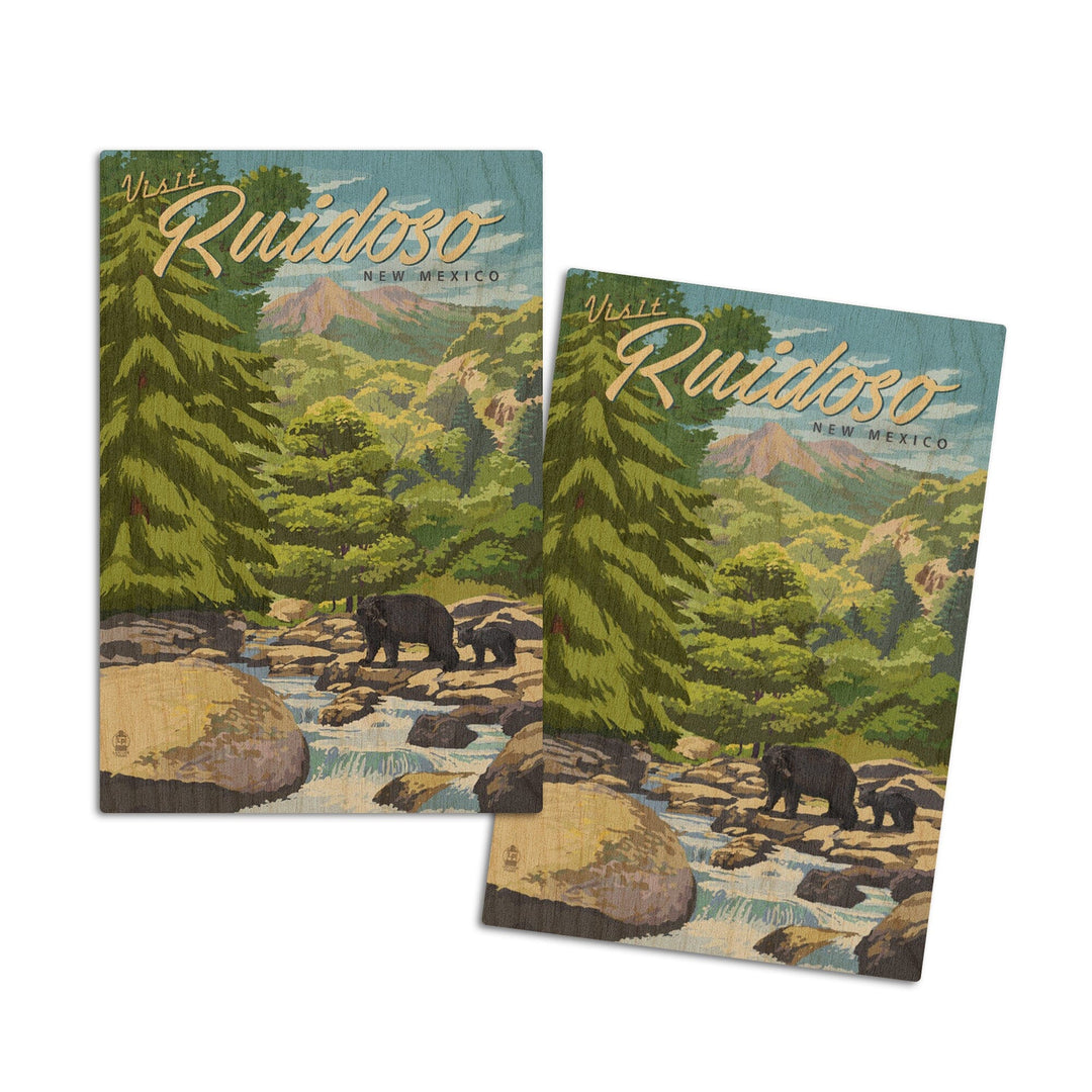 Ruidoso, New Mexico, Black Bears & Stream, Lantern Press Artwork, Wood Signs and Postcards Wood Lantern Press 4x6 Wood Postcard Set 