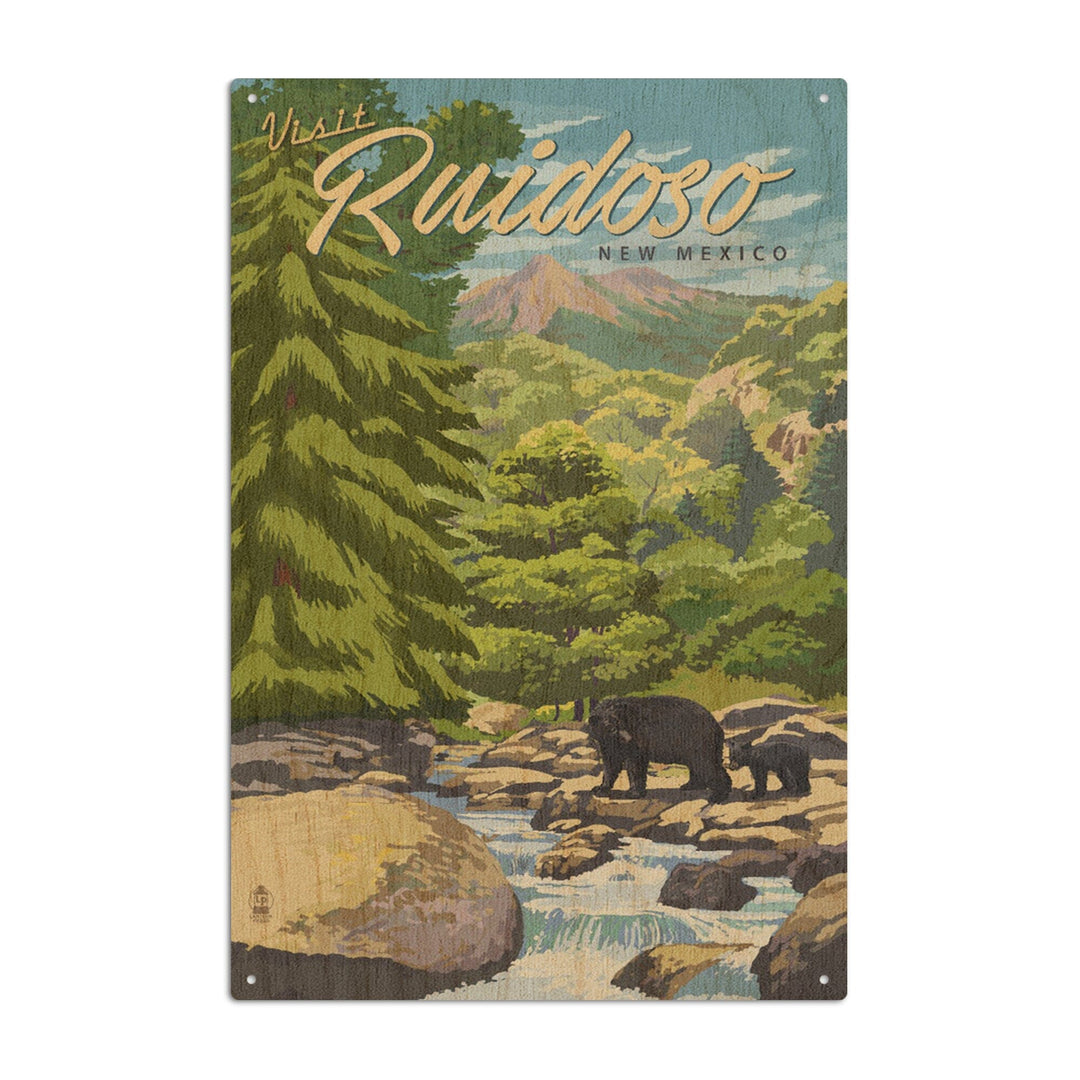Ruidoso, New Mexico, Black Bears & Stream, Lantern Press Artwork, Wood Signs and Postcards Wood Lantern Press 6x9 Wood Sign 