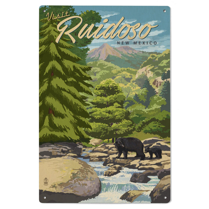 Ruidoso, New Mexico, Black Bears & Stream, Lantern Press Artwork, Wood Signs and Postcards Wood Lantern Press 