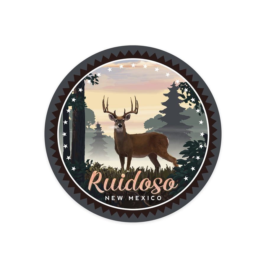 Ruidoso, New Mexico, Deer and Sunrise, Contour, Vinyl Sticker Sticker Lantern Press 